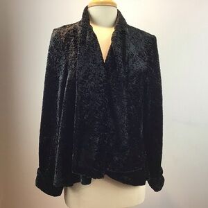 Connected black swing crushed velvet open front unstructured jacket. Size S